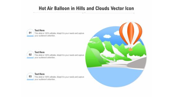 Hot Air Balloon In Hills And Clouds Vector Icon Ppt PowerPoint Presentation File Background Designs PDF
