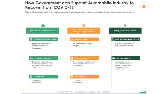 How Government Can Support Automobile Industry To Recover From Covid 19 Ppt Infographics Outfit PDF How Government Can Support Automobile Industry To Recover From Covid 19 Ppt Infographics Outfit PDF