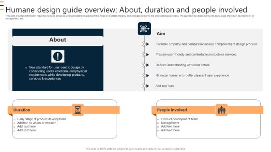 Humane Design Guide Overview About Duration And People Involved Ppt Gallery Slideshow PDF Humane Design Guide Overview About Duration And People Involved Ppt Gallery Slideshow PDF