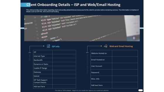ITIL Strategy Service Excellence Client Onboarding Details Isp And Web Email Hosting Ppt PowerPoint Presentation Pictures File Formats PDF ITIL Strategy Service Excellence Client Onboarding Details Isp And Web Email Hosting Ppt PowerPoint Presentation Pictures File Formats PDF