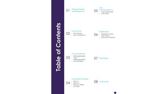 IT Outsourcing Services Table Of Contents One Pager Sample Example Document IT Outsourcing Services Table Of Contents One Pager Sample Example Document