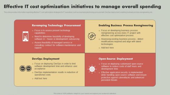 IT Reducing Costs And Management Tips Effective IT Cost Optimization Initiatives To Manage Overall Spending Ideas PDF