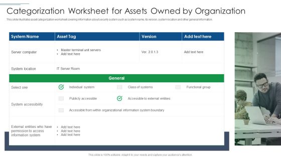 IT Security Risk Management Approach Introduction Categorization Worksheet For Assets Owned By Organization Portrait PDF IT Security Risk Management Approach Introduction Categorization Worksheet For Assets Owned By Organization Portrait PDF