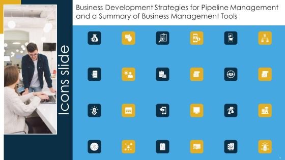 Icon Business Development Strategies For Pipeline Management And A Summary Of Business Management Tools Icons PDF Icon Business Development Strategies For Pipeline Management And A Summary Of Business Management Tools Icons PDF