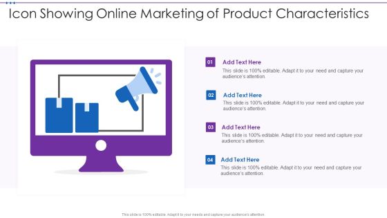 Icon Showing Online Marketing Of Product Characteristics Portrait PDF Icon Showing Online Marketing Of Product Characteristics Portrait PDF