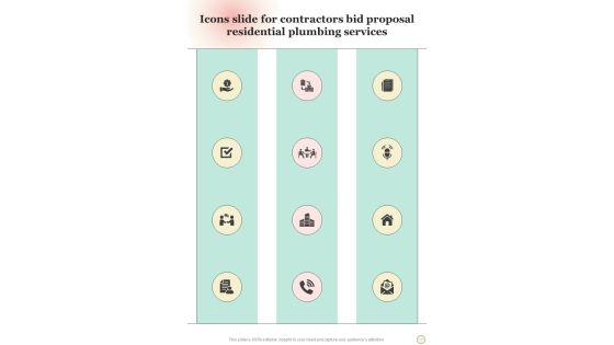 Icons Slide For Contractors Bid Proposal Residential Plumbing Services One Pager Sample Example Document Icons Slide For Contractors Bid Proposal Residential Plumbing Services One Pager Sample Example Document