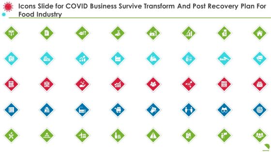Icons Slide For Covid Business Survive Transform And Post Recovery Plan For Food Industry Summary PDF Icons Slide For Covid Business Survive Transform And Post Recovery Plan For Food Industry Summary PDF