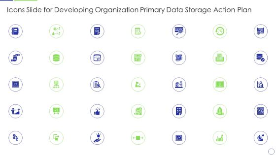 Icons Slide For Developing Organization Primary Data Storage Action Plan Infographics PDF