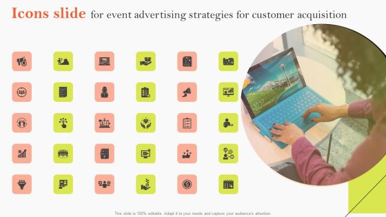 Icons Slide For Event Advertising Strategies For Customer Acquisition Professional PDF