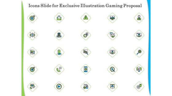 Icons Slide For Exclusive Illustration Gaming Proposal Themes PDF Icons Slide For Exclusive Illustration Gaming Proposal Themes PDF
