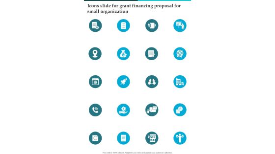 Icons Slide For Grant Financing Proposal For Small Organization One Pager Sample Example Document Icons Slide For Grant Financing Proposal For Small Organization One Pager Sample Example Document