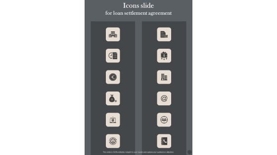Icons Slide For Loan Settlement Agreement One Pager Sample Example Document Icons Slide For Loan Settlement Agreement One Pager Sample Example Document