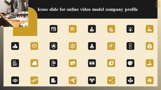 Icons Slide For Online Video Model Company Profile Background PDF