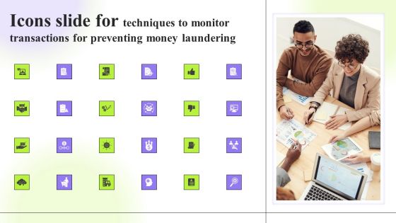Icons Slide For Techniques To Monitor Transactions For Preventing Money Laundering Topics PDF Icons Slide For Techniques To Monitor Transactions For Preventing Money Laundering Topics PDF
