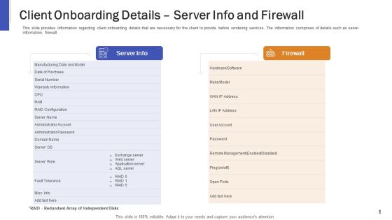 Impeccable Information Technology Facility Client Onboarding Details Server Info And Firewall Sample PDF Impeccable Information Technology Facility Client Onboarding Details Server Info And Firewall Sample PDF