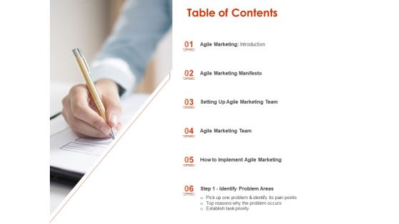 Implementing Agile Marketing In Your Organization Table Of Contents Ppt Infographics Layout PDF Implementing Agile Marketing In Your Organization Table Of Contents Ppt Infographics Layout PDF