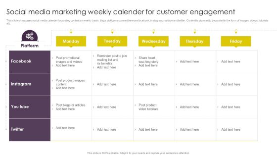 Implementing Digital Marketing Social Media Marketing Weekly Calender For Customer Template PDF Implementing Digital Marketing Social Media Marketing Weekly Calender For Customer Template PDF