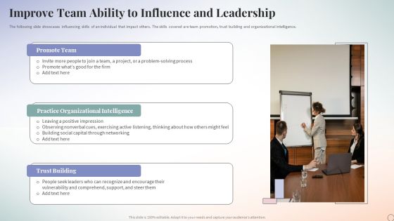 Improve Team Ability To Influence And Leadership Ppt PowerPoint Presentation Icon Background Images PDF Improve Team Ability To Influence And Leadership Ppt PowerPoint Presentation Icon Background Images PDF