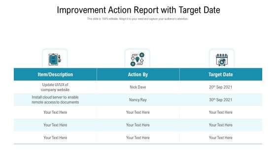 Improvement Action Report With Target Date Ppt PowerPoint Presentation Ideas Clipart PDF Improvement Action Report With Target Date Ppt PowerPoint Presentation Ideas Clipart PDF