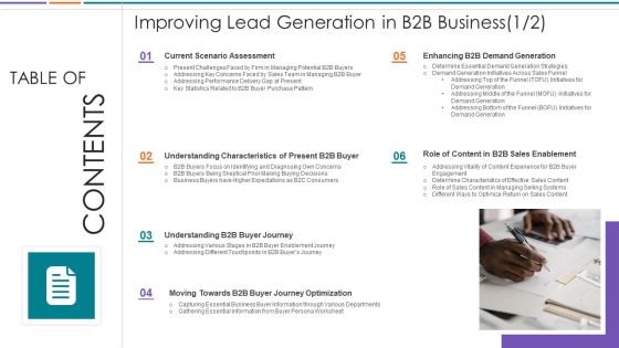 Improving Lead Generation Improving Lead Generation In B2B Business Table Of Contents Infographics PDF Improving Lead Generation Improving Lead Generation In B2B Business Table Of Contents Infographics PDF