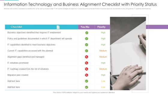 Information Technology And Business Alignment Checklist With Priority Status Icons PDF