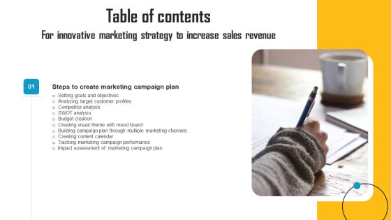 Innovative Marketing Strategy To Increase Sales Revenue Table Of Contents Slides PDF Innovative Marketing Strategy To Increase Sales Revenue Table Of Contents Slides PDF