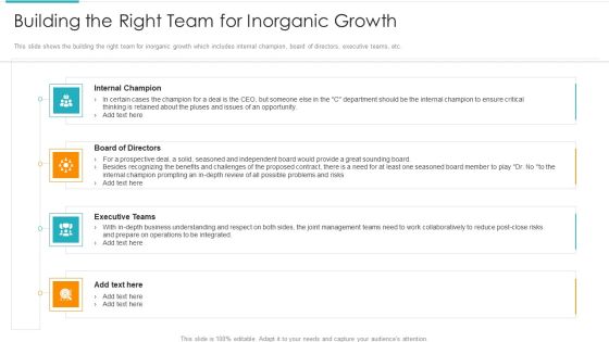 Inorganic Expansion Plan And Progression Building The Right Team For Inorganic Growth Icons PDF Inorganic Expansion Plan And Progression Building The Right Team For Inorganic Growth Icons PDF