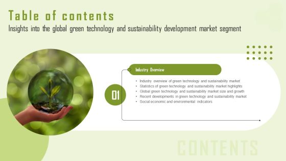 Insights Into The Global Green Technology And Sustainability Development Market Segment Table Of Contents Summary PDF