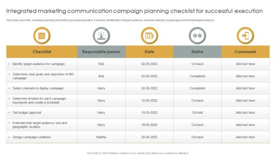 Integrated Marketing Communication Campaign Planning Checklist For Successful Execution Slides PDF Integrated Marketing Communication Campaign Planning Checklist For Successful Execution Slides PDF