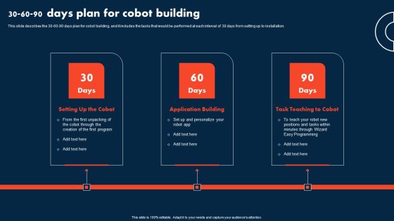 Integrating Cobots To Improve Business Processes 30 60 90 Days Plan For Cobot Building Professional PDF Integrating Cobots To Improve Business Processes 30 60 90 Days Plan For Cobot Building Professional PDF
