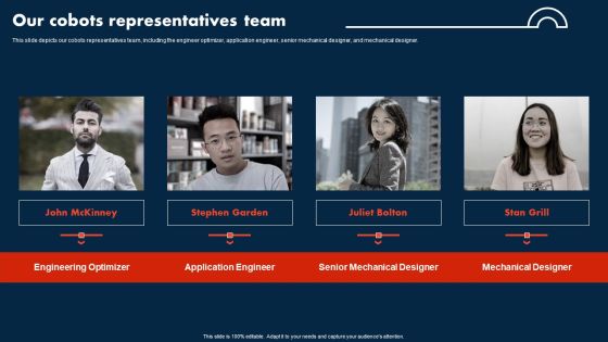 Integrating Cobots To Improve Business Processes Our Cobots Representatives Team Pictures PDF Integrating Cobots To Improve Business Processes Our Cobots Representatives Team Pictures PDF