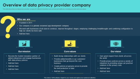 Integrating Data Privacy System Overview Of Data Privacy Provider Company Ppt Icon Images PDF Integrating Data Privacy System Overview Of Data Privacy Provider Company Ppt Icon Images PDF