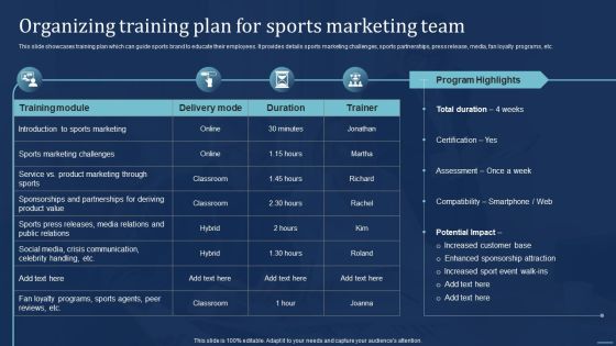 Integrating Sports Marketing Campaign Organizing Training Plan For Sports Marketing Team Elements PDF Integrating Sports Marketing Campaign Organizing Training Plan For Sports Marketing Team Elements PDF