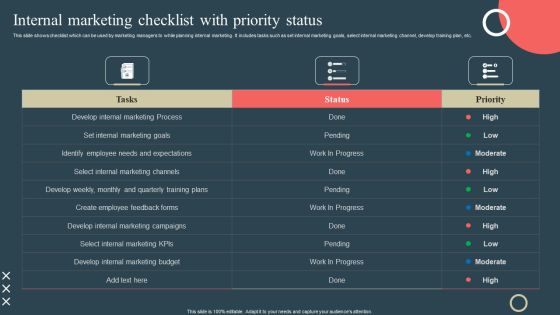 Internal Promotion Strategy To Enhance Brand Awareness Internal Marketing Checklist With Priority Status Designs PDF Internal Promotion Strategy To Enhance Brand Awareness Internal Marketing Checklist With Priority Status Designs PDF