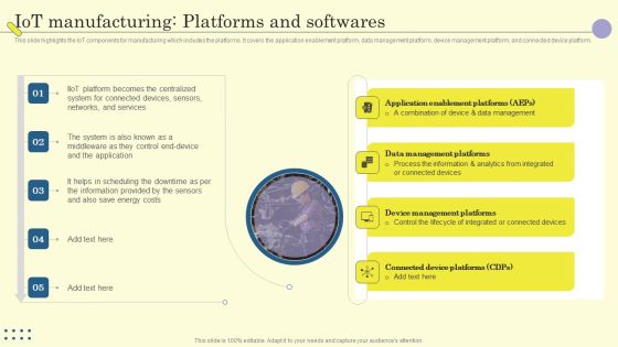 Internet Of Things In Manufacturing Sector Iot Manufacturing Platforms And Softwares Elements PDF Internet Of Things In Manufacturing Sector Iot Manufacturing Platforms And Softwares Elements PDF