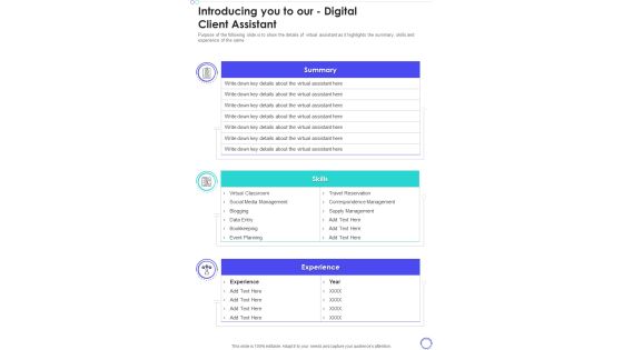 Introducing You To Our Digital Client Assistant One Pager Sample Example Document Introducing You To Our Digital Client Assistant One Pager Sample Example Document