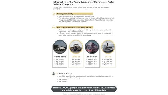 Introduction To The Yearly Summary Of Commercial Motor Vehicle Company One Pager Documents Introduction To The Yearly Summary Of Commercial Motor Vehicle Company One Pager Documents