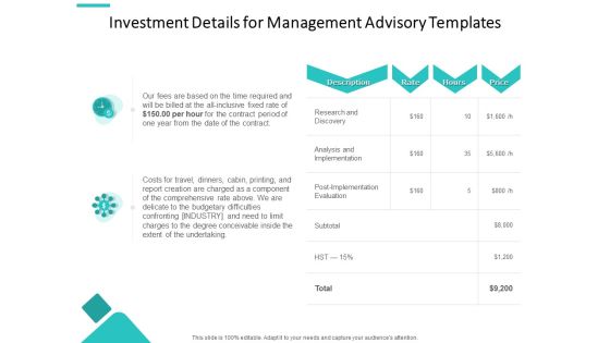 Investment Details For Management Advisory Templates Ppt PowerPoint Presentation Layouts PDF