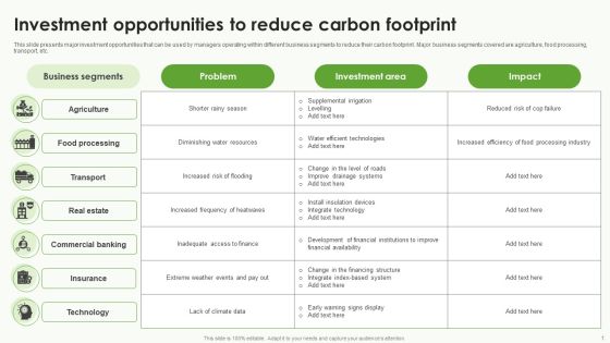 Investment Opportunities To Reduce Carbon Footprint Diagrams PDF