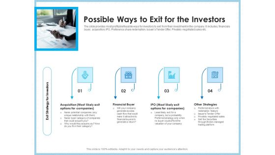 Investment Pitch To Generating Capital From Mezzanine Credit Possible Ways To Exit For The Investors Ideas PDF Investment Pitch To Generating Capital From Mezzanine Credit Possible Ways To Exit For The Investors Ideas PDF