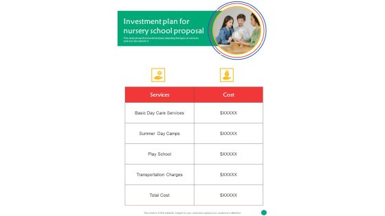 Investment Plan For Nursery School Proposal One Pager Sample Example Document Investment Plan For Nursery School Proposal One Pager Sample Example Document
