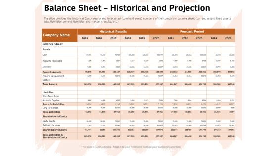 Investor Deck For Capital Generation From Substitute Funding Options Balance Sheet Historical And Projection Formats PDF Investor Deck For Capital Generation From Substitute Funding Options Balance Sheet Historical And Projection Formats PDF
