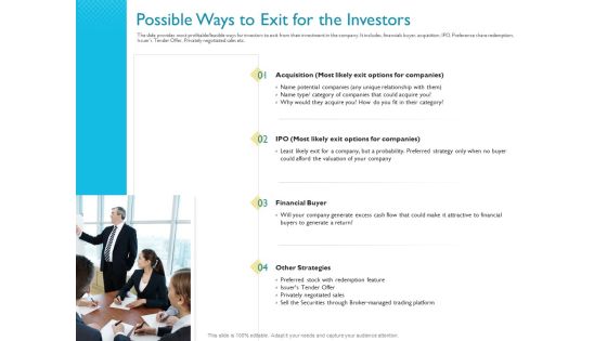 Investor Funding Deck For Hybrid Financing Possible Ways To Exit For The Investors Diagrams PDF Investor Funding Deck For Hybrid Financing Possible Ways To Exit For The Investors Diagrams PDF