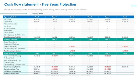 Investor Pitch Deck For Short Term Bridge Loan Cash Flow Statement Five Years Projection Ppt PowerPoint Presentation Styles Shapes PDF Investor Pitch Deck For Short Term Bridge Loan Cash Flow Statement Five Years Projection Ppt PowerPoint Presentation Styles Shapes PDF
