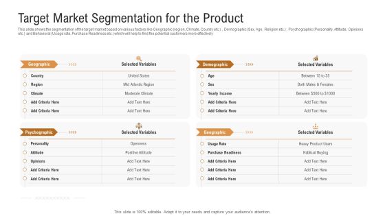 Investor Pitch Deck To Generate Venture Capital Funds Target Market Segmentation For The Product Mockup PDF