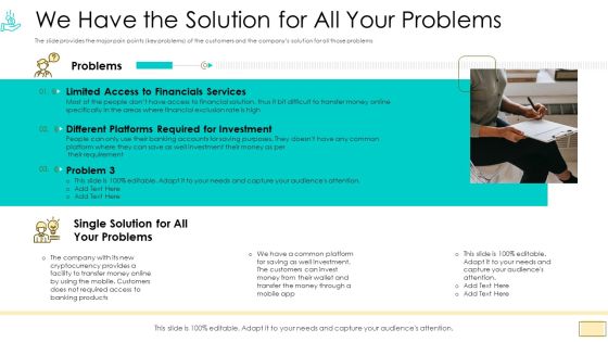 Investor Pitch Ppt For Crypto Funding We Have The Solution For All Your Problems Pictures PDF Investor Pitch Ppt For Crypto Funding We Have The Solution For All Your Problems Pictures PDF