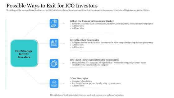 Investor Pitch Ppt Raise Finances Crypto Initial Public Offering Possible Ways To Exit For ICO Investors Template PDF Investor Pitch Ppt Raise Finances Crypto Initial Public Offering Possible Ways To Exit For ICO Investors Template PDF