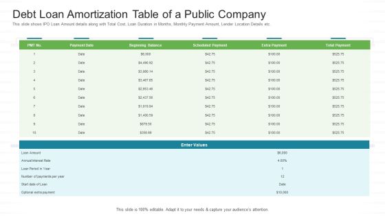 Investor Pitch Stock Market Launch Financial Institutions Debt Loan Amortization Table Of A Public Company Pictures PDF