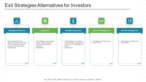 Investor Pitch Stock Market Launch Financial Institutions Exit Strategies Alternatives For Investors Mockup PDF