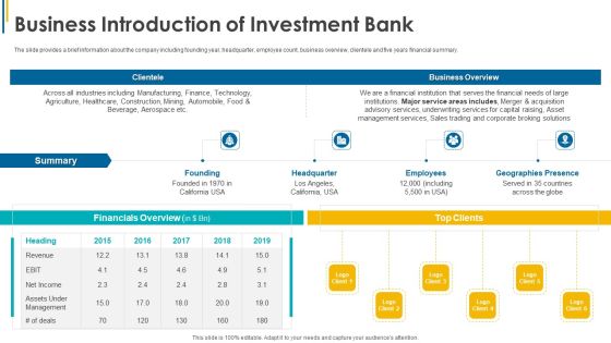 Investors Pitch General Deal Mergers Acquisitions Business Introduction Of Investment Bank Mockup PDF